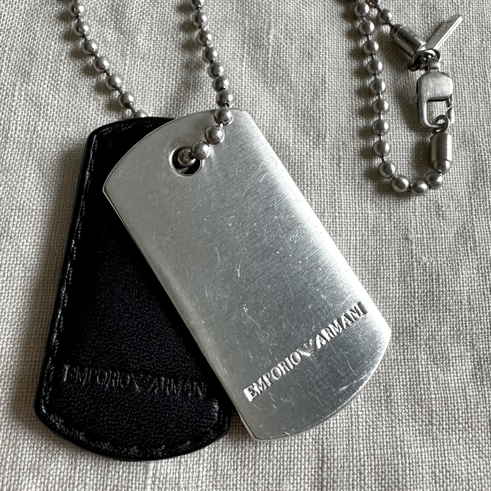 Emporio Armani 925 sliver and leather dog tags. 22” silver chain, pouch & box.